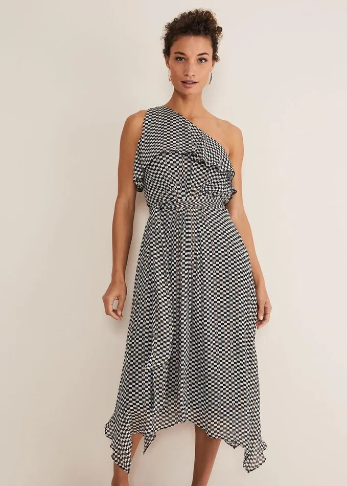 Phase Eight Kaz Checked One Shoulder Midi Dress Blackwhite Women Dresses