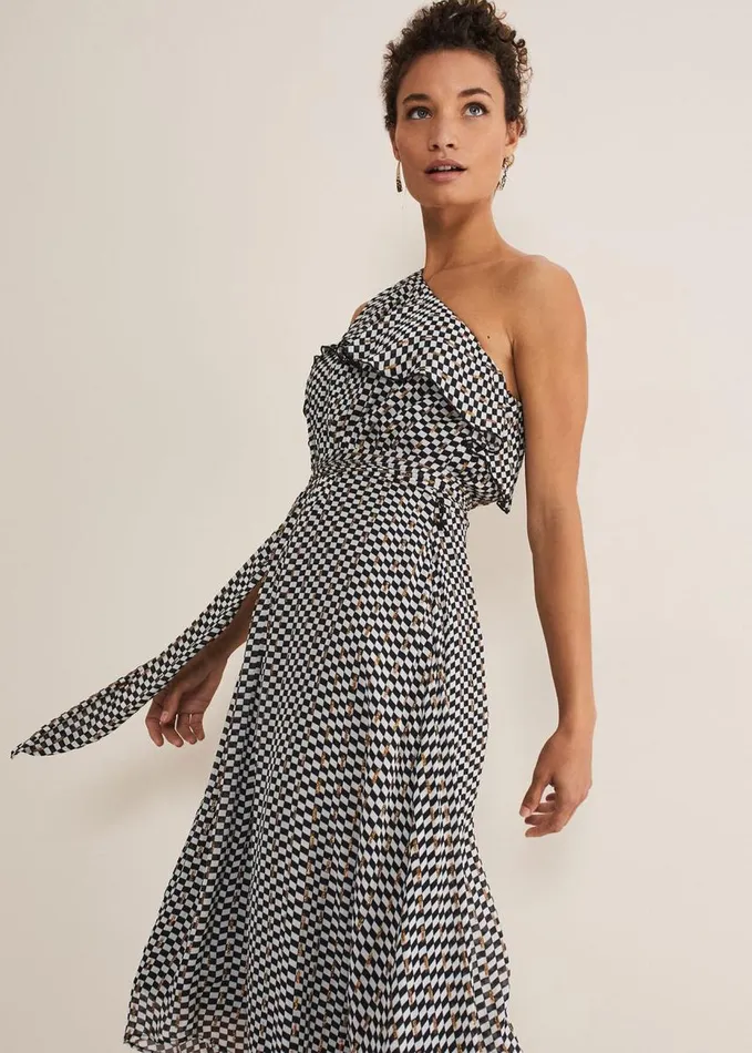 Phase Eight Kaz Checked One Shoulder Midi Dress Blackwhite Women Dresses