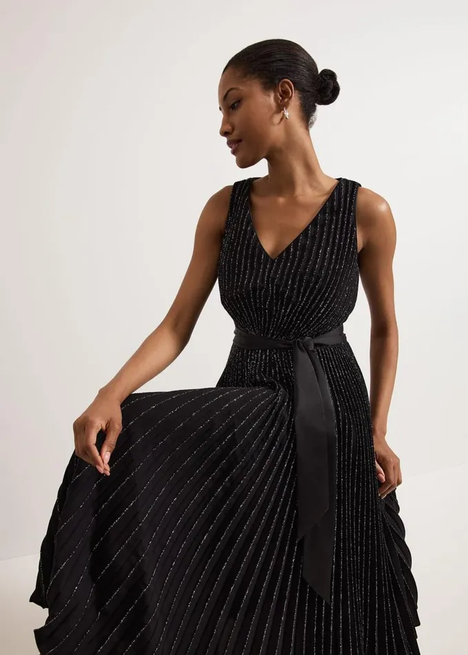 Phase Eight Keleche Glitter Pleat Dress Black Women Dresses