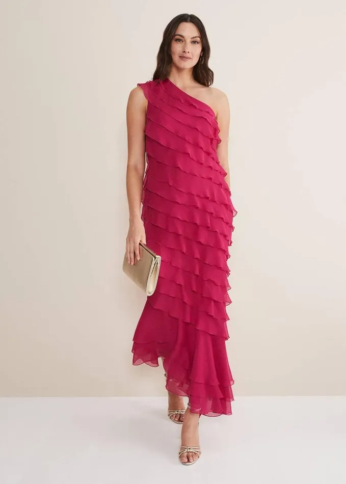 Phase Eight Kelsey Layered One Shoulder Maxi Dress Fuschia Women Dresses