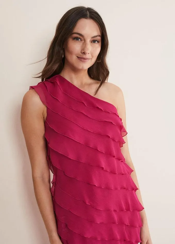 Phase Eight Kelsey Layered One Shoulder Maxi Dress Fuschia Women Dresses