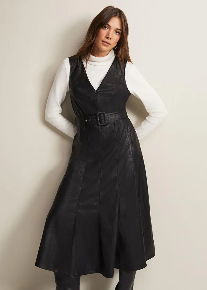 Phase Eight Khloe Black Faux Leather Midi Dress Black Women Dresses