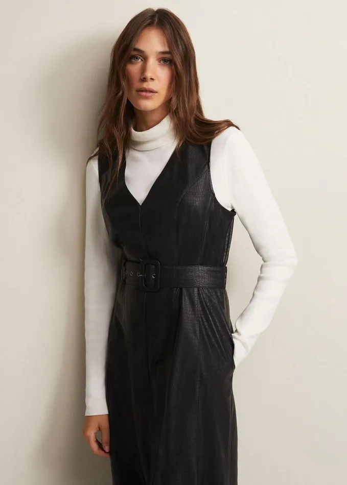 Phase Eight Khloe Black Faux Leather Midi Dress Black Women Dresses