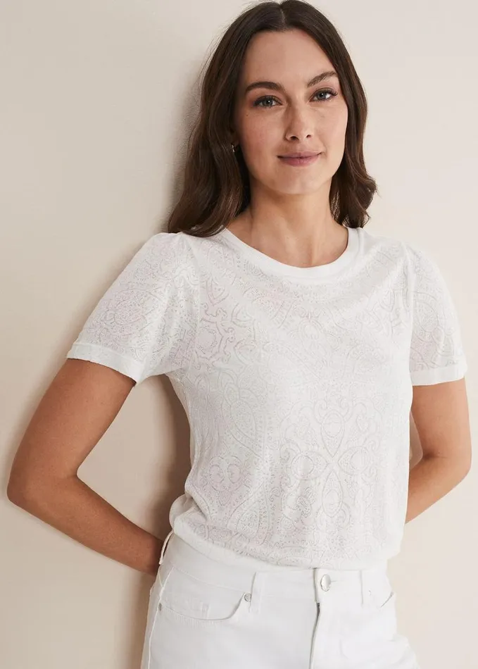 Phase Eight Kinsley Pointelle Jersey Tee White Women Tops and TShirts