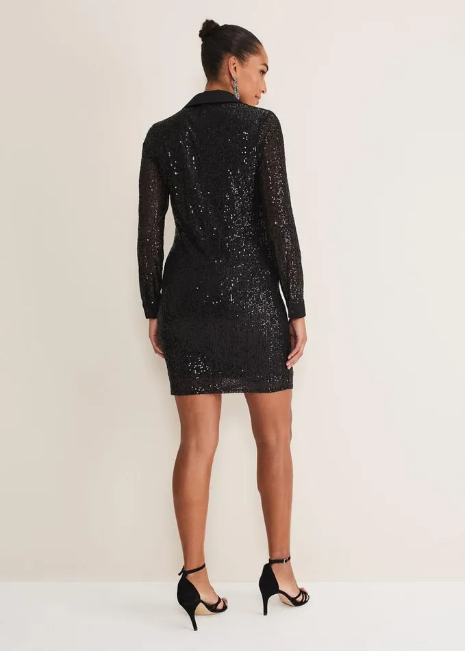Phase Eight Kirsty Ruched Sequin Dress Black Women Dresses