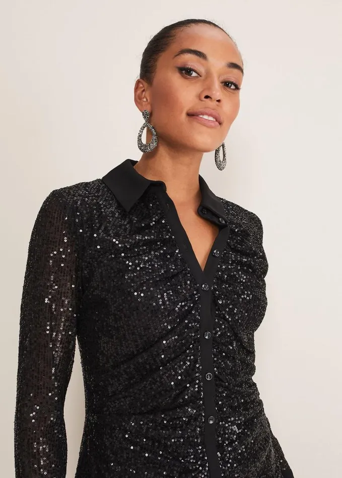 Phase Eight Kirsty Ruched Sequin Dress Black Women Dresses