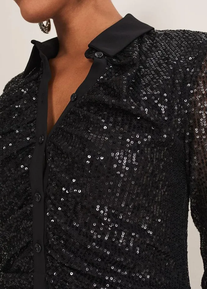 Phase Eight Kirsty Ruched Sequin Dress Black Women Dresses