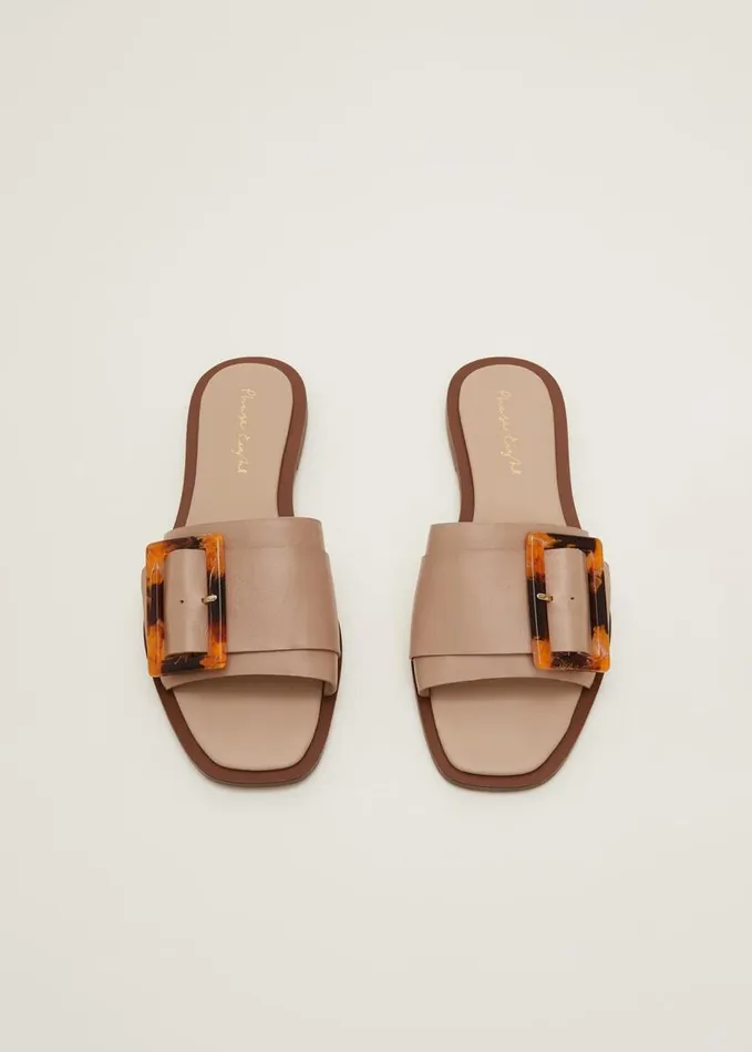 Phase Eight Leather Buckle Flat Sandals Neutral Women Flats