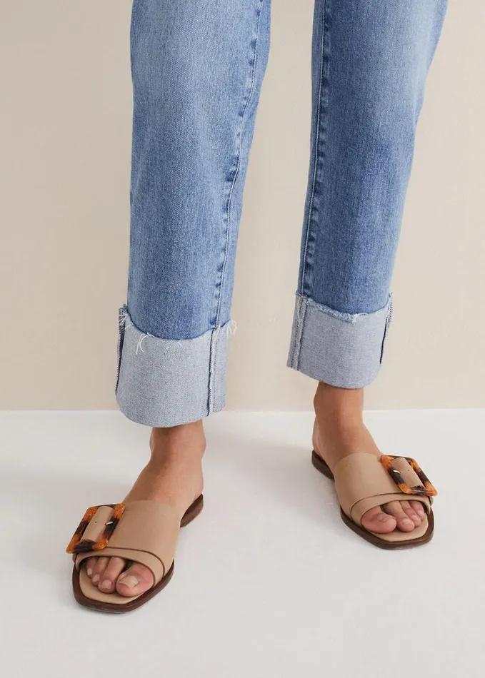 Phase Eight Leather Buckle Flat Sandals Neutral Women Flats
