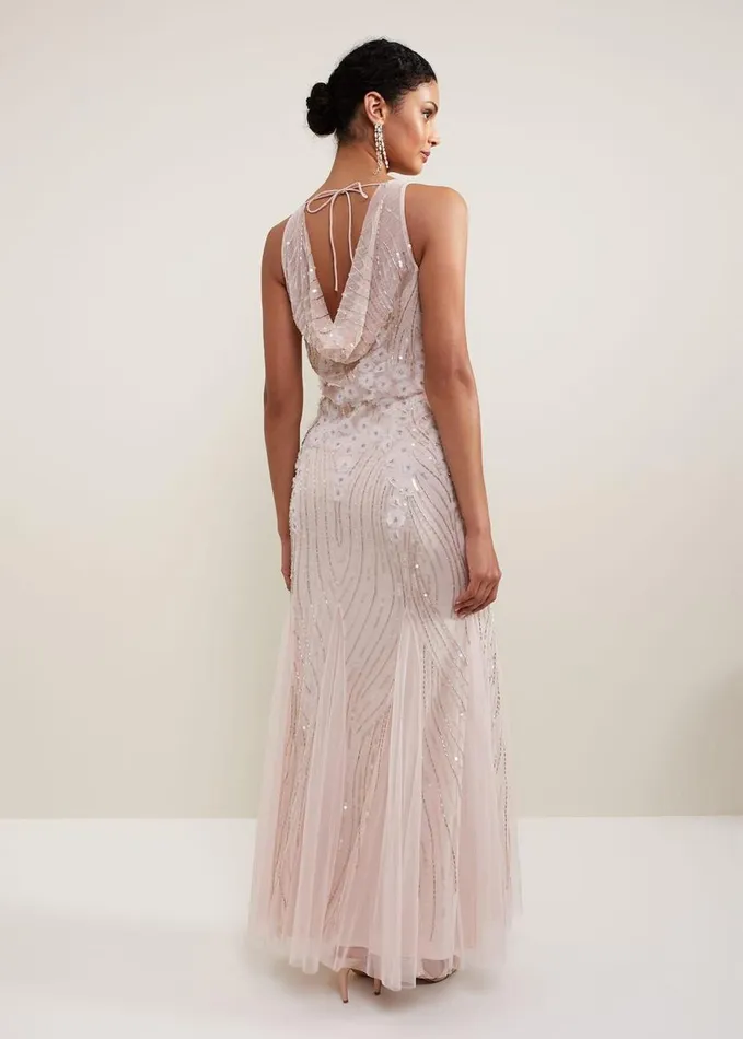 Phase Eight Lexi Ditsy Beaded Cowl Maxi Dress Pale Pink Women Dresses