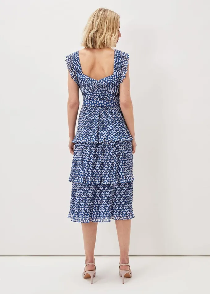 Phase Eight Lisha Spot Pleated Tiered Midi Dress Bluecream Women Dresses