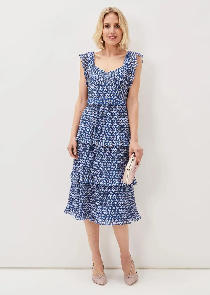 Phase Eight Lisha Spot Pleated Tiered Midi Dress Bluecream Women Dresses