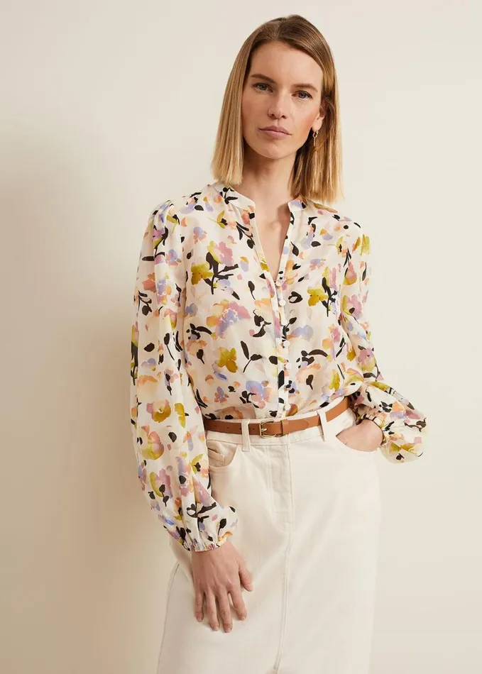 Phase Eight Maddie Watercolour Silk Blend Blouse Ivory Women Shirts and Blouses