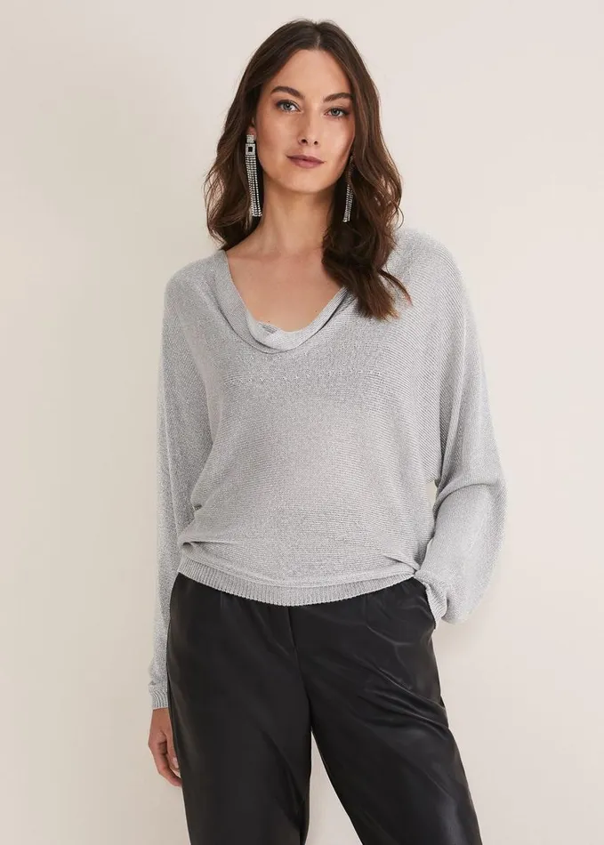 Phase Eight Malti Metallic Cowl Neck Knit Silver Women Knitwear