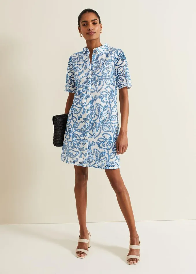 Phase Eight Nicky Broderie Swing Dress Blue Women Dresses