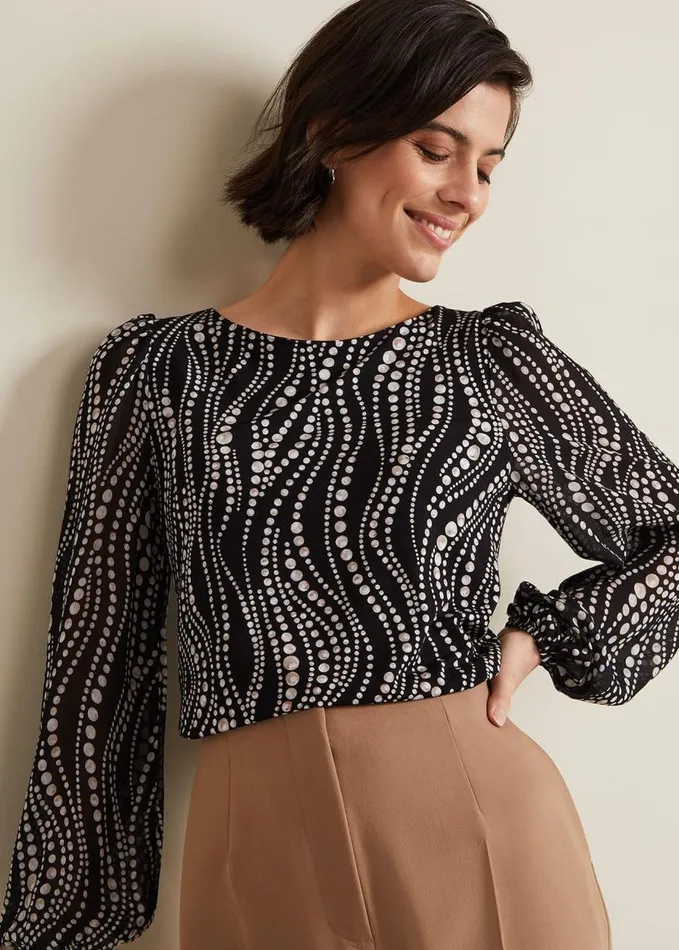 Phase Eight Patricia Pearl Print Woven Mix Top Black Women Tops and TShirts