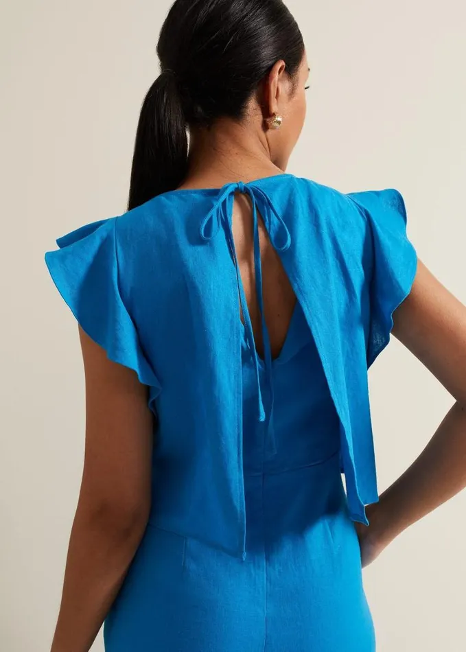 Phase Eight Petite Aubrey Blue Linen Frill Jumpsuit Blue Women Dresses