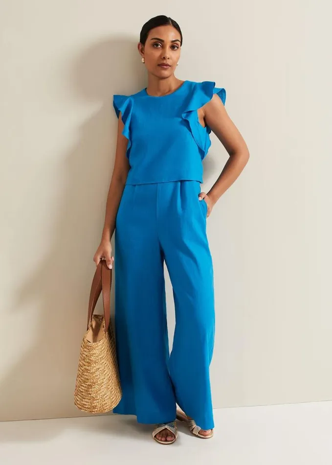 Phase Eight Petite Aubrey Blue Linen Frill Jumpsuit Blue Women Dresses