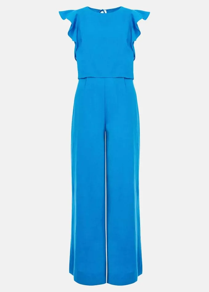 Phase Eight Petite Aubrey Blue Linen Frill Jumpsuit Blue Women Dresses