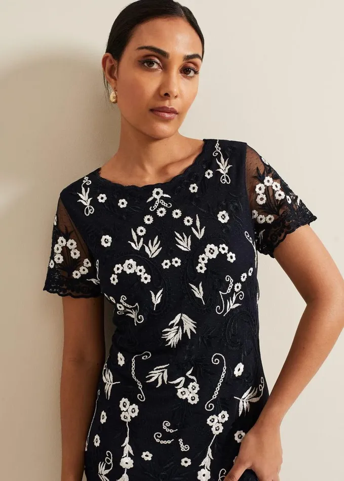 Phase Eight Petite Florisa Embroidered Dress Navy Women Dresses