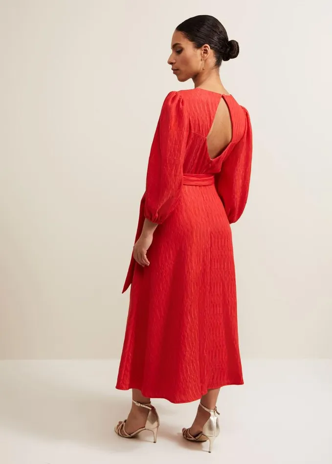 Phase Eight Petite Marilyn Puff Sleeve Midi Dress Orange Women Dresses