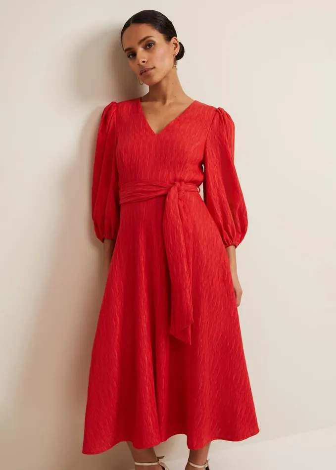 Phase Eight Petite Marilyn Puff Sleeve Midi Dress Orange Women Dresses