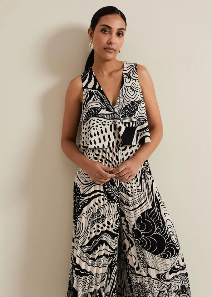 Phase Eight Petite Saskia Abstract Pleated Jumpsuit Black Women Dresses