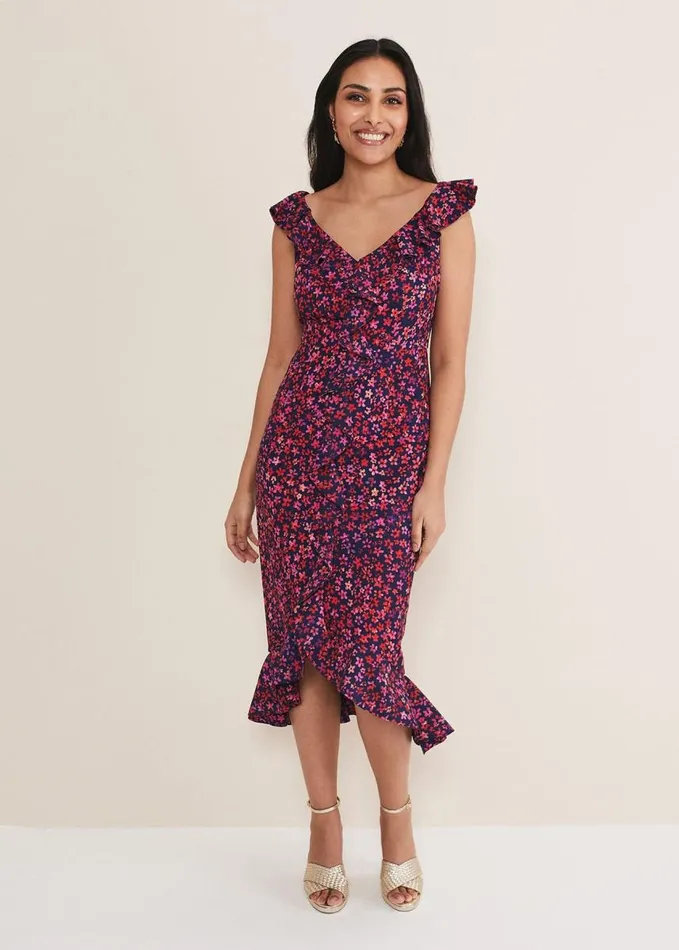 Phase Eight Petite Viola VNeck Ditsy Frill Dress Navymulti Women Dresses