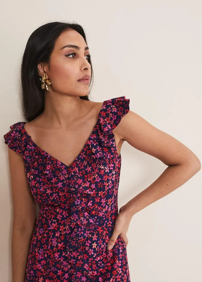 Phase Eight Petite Viola VNeck Ditsy Frill Dress Navymulti Women Dresses