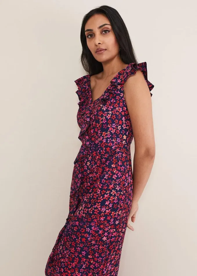Phase Eight Petite Viola VNeck Ditsy Frill Dress Navymulti Women Dresses