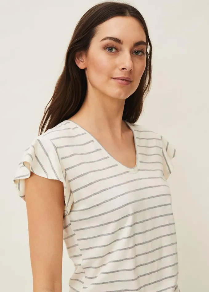 Phase Eight Sido Stripe Frill Sleeve Top Ivory Women Knitwear