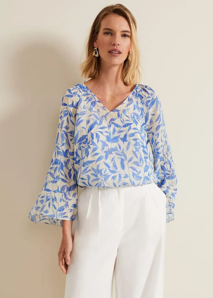 Phase Eight Simi Leaf Print Filcoupe Blouse Blue Women Shirts and Blouses