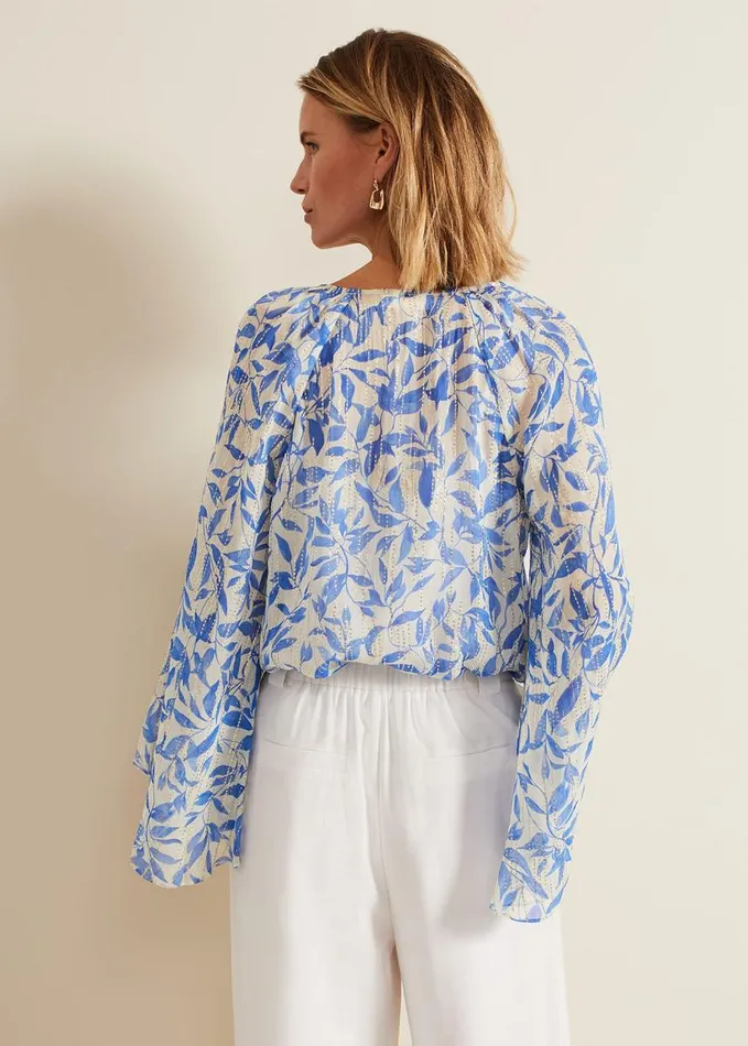 Phase Eight Simi Leaf Print Filcoupe Blouse Blue Women Shirts and Blouses