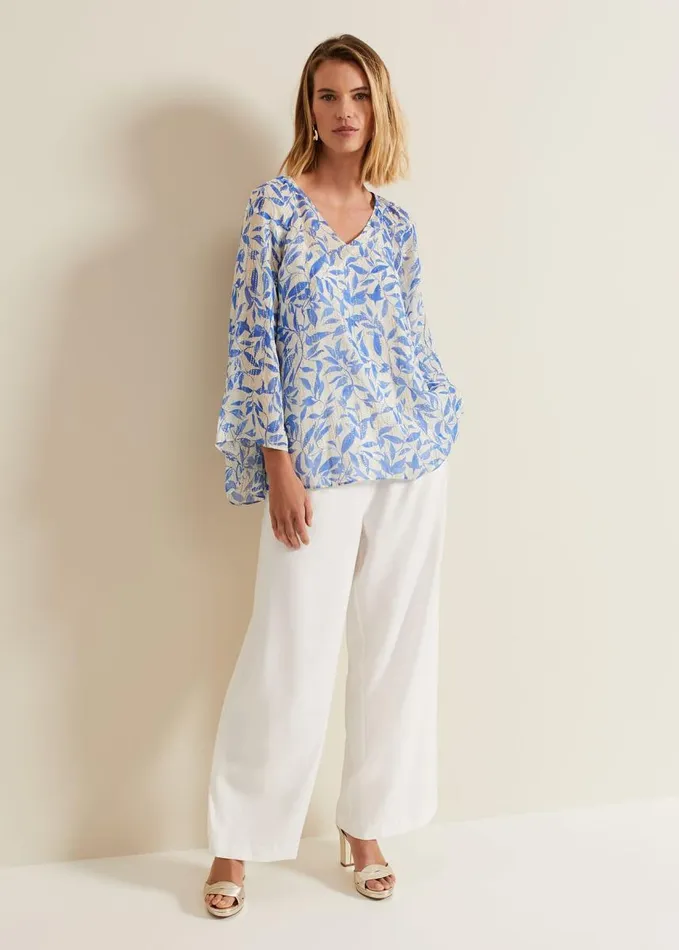 Phase Eight Simi Leaf Print Filcoupe Blouse Blue Women Shirts and Blouses
