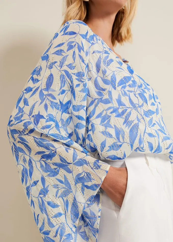 Phase Eight Simi Leaf Print Filcoupe Blouse Blue Women Shirts and Blouses