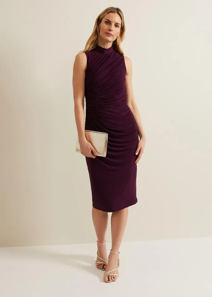 Phase Eight Stefania Burgundy Ruched Midi Dress Burgundy Women Dresses