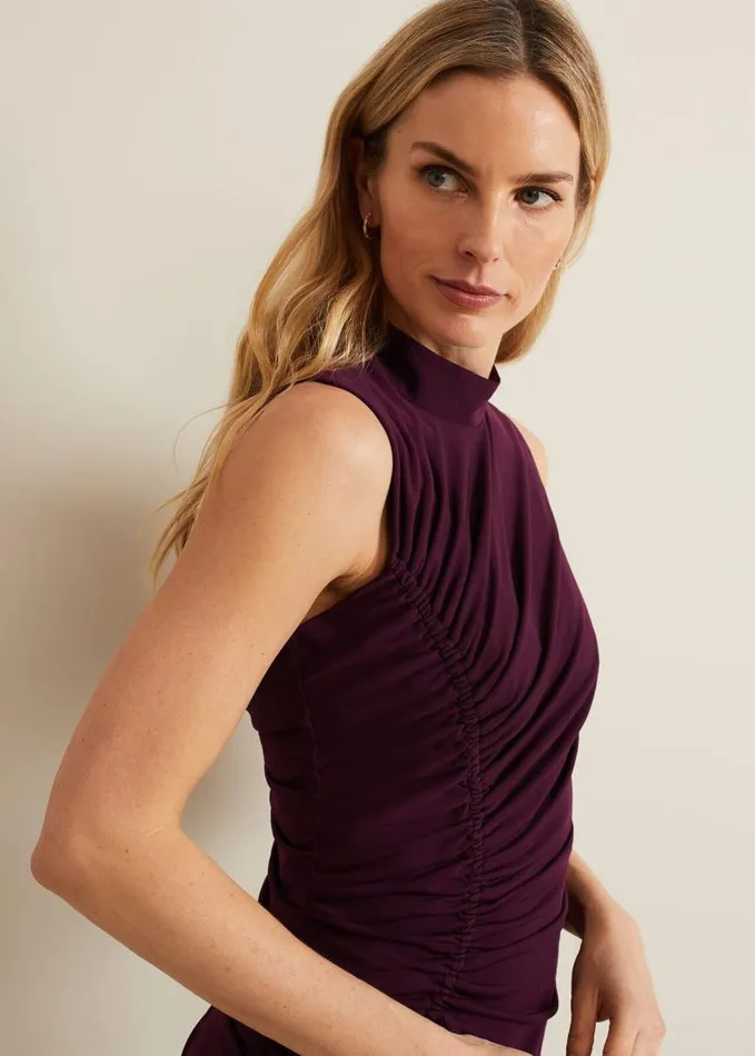 Phase Eight Stefania Burgundy Ruched Midi Dress Burgundy Women Dresses