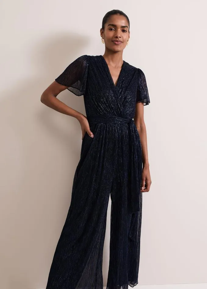 Phase Eight Stella Blue Plisse Jumpsuit Blue Women Dresses