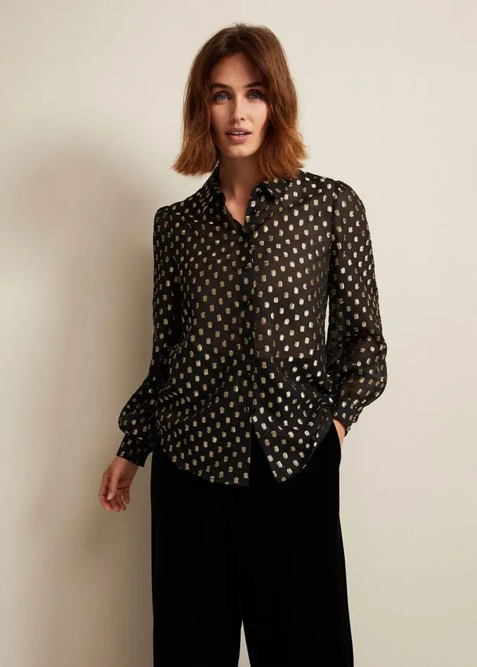 Phase Eight Tate Spot Jacquard Blouse Black Women Shirts and Blouses