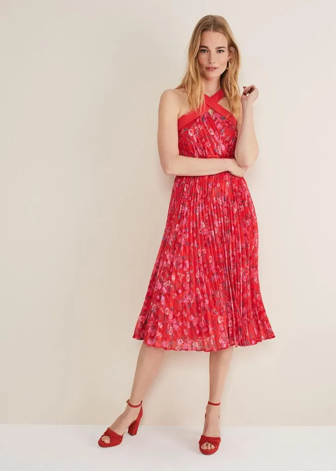 Phase Eight Zoya Pleat Midi Floral Dress Redpink Women Dresses