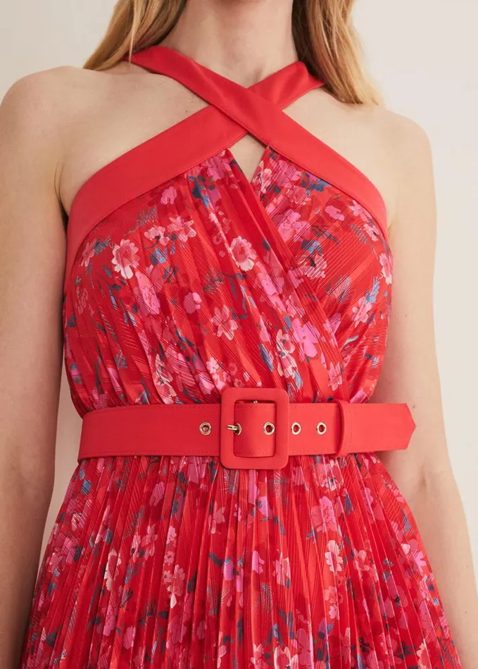 Phase Eight Zoya Pleat Midi Floral Dress Redpink Women Dresses