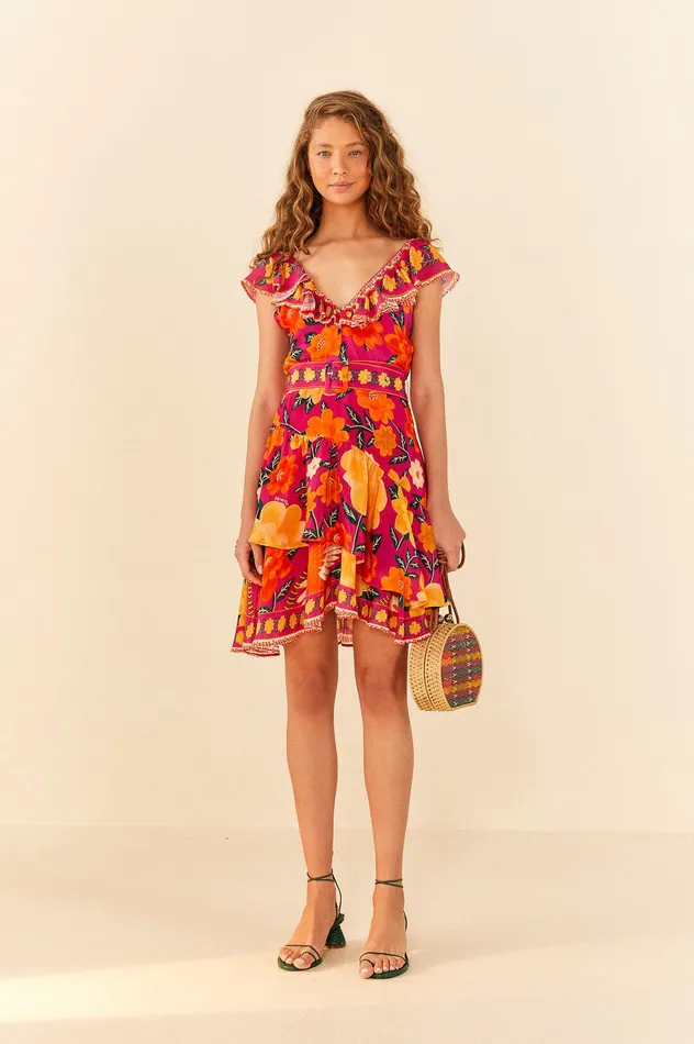 Pink Flowers Tapestry Mini Dress Women Farm Rio Mini Dresses