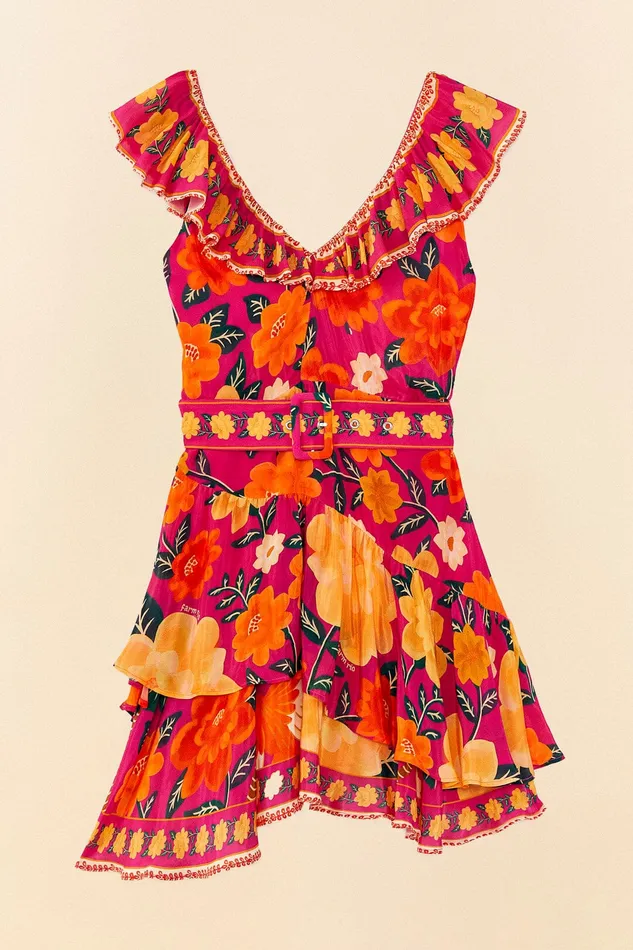 Pink Flowers Tapestry Mini Dress Women Farm Rio Mini Dresses