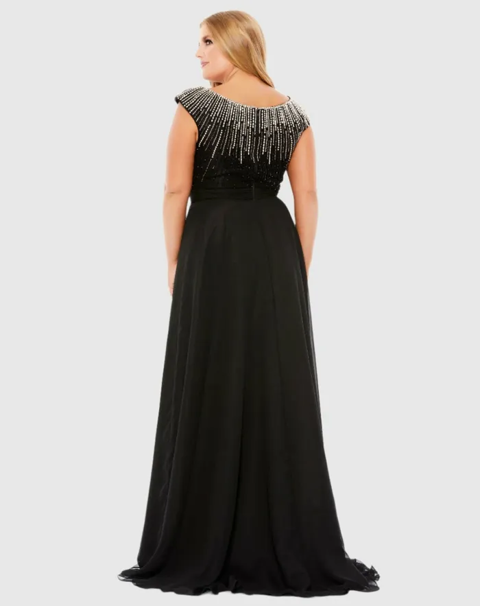 Plus Size Dresses Beaded Cap Sleeve A Line Gown Plus Black Mac Duggal Women