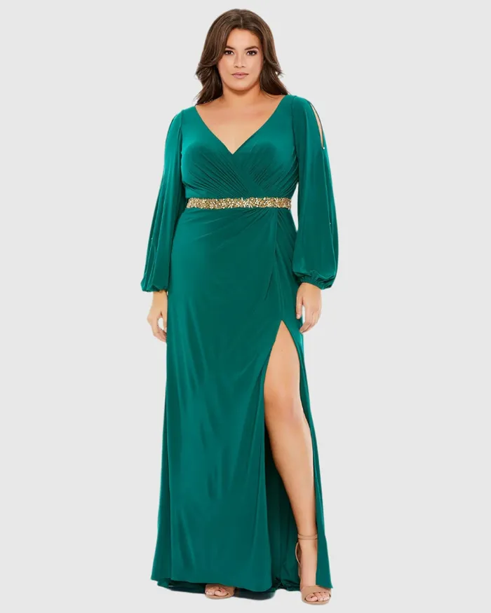 Plus Size Dresses Green Split Sleeve Surplice Gown Plus Emerald Green Mac Duggal Women