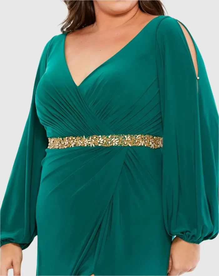 Plus Size Dresses Green Split Sleeve Surplice Gown Plus Emerald Green Mac Duggal Women