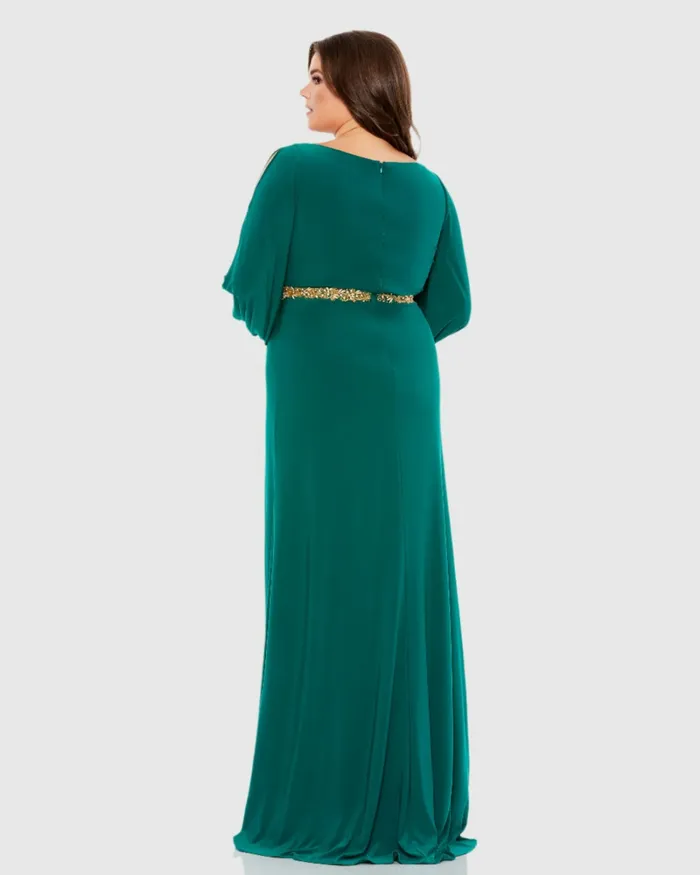 Plus Size Dresses Green Split Sleeve Surplice Gown Plus Emerald Green Mac Duggal Women