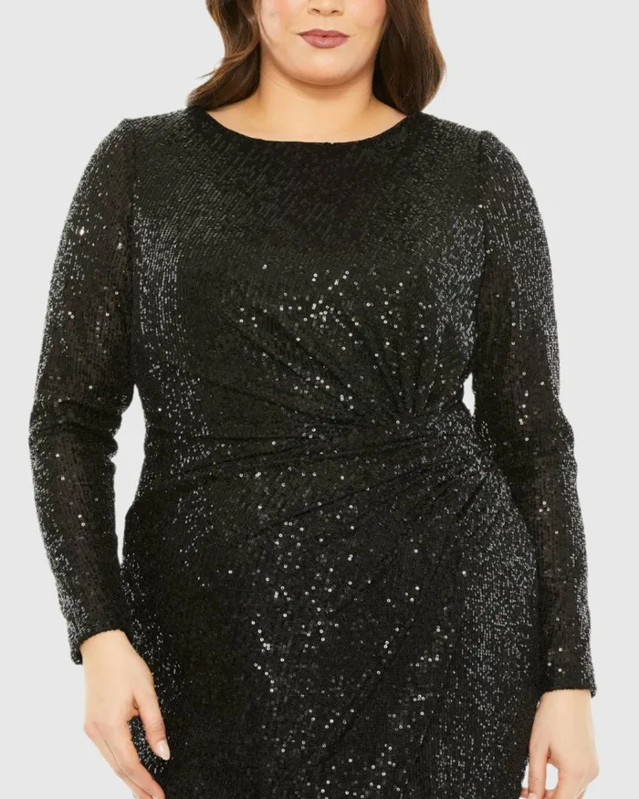 Plus Size Dresses Long Sleeve Sequin Gathered Waist Dress Black 8211 Mac Duggal Women Plus Size Dresses Long Sleeve Sequin Gathered Waist Dress Black 8211 Mac Duggal Women