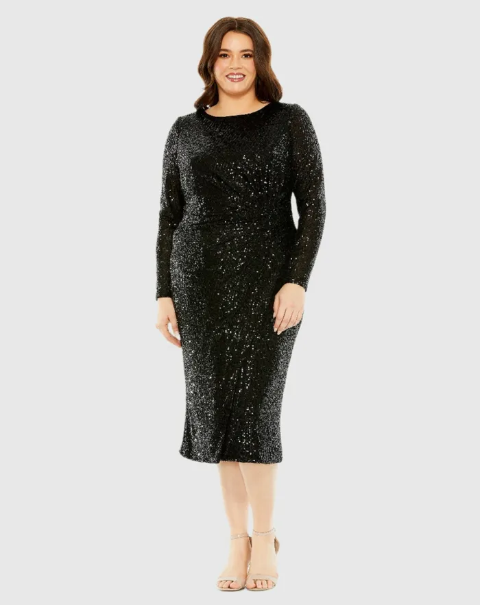 Plus Size Dresses Long Sleeve Sequin Gathered Waist Dress Black 8211 Mac Duggal Women Plus Size Dresses Long Sleeve Sequin Gathered Waist Dress Black 8211 Mac Duggal Women