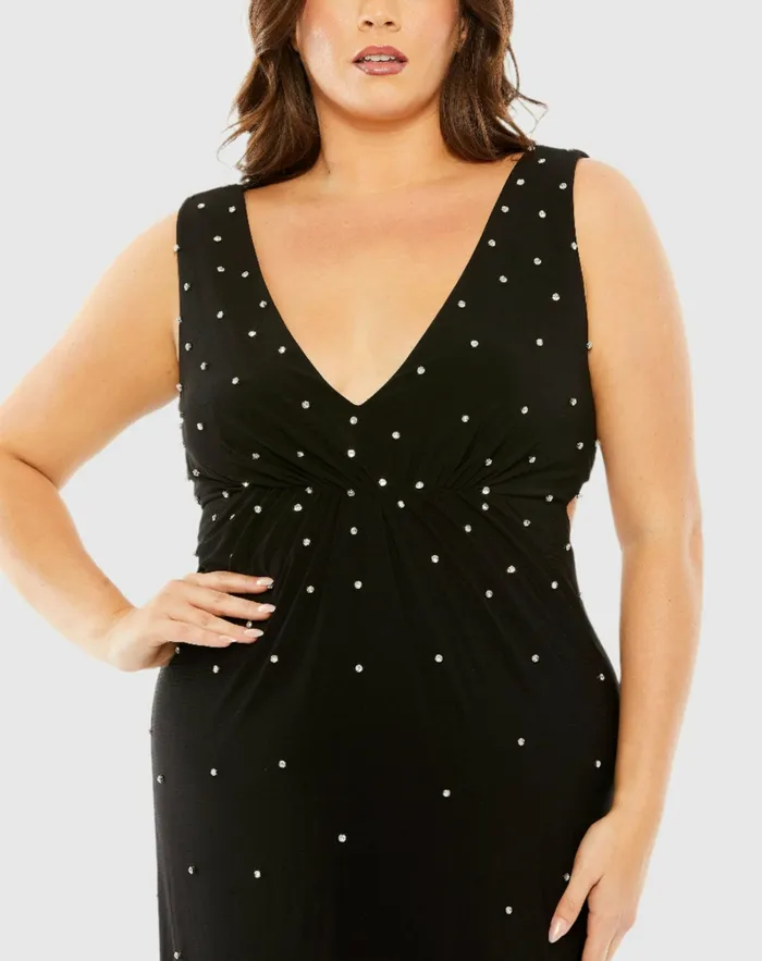 Plus Size Dresses Mac Duggal Women Rhinestone Embellished Open Back Jersey Gown Plus Black